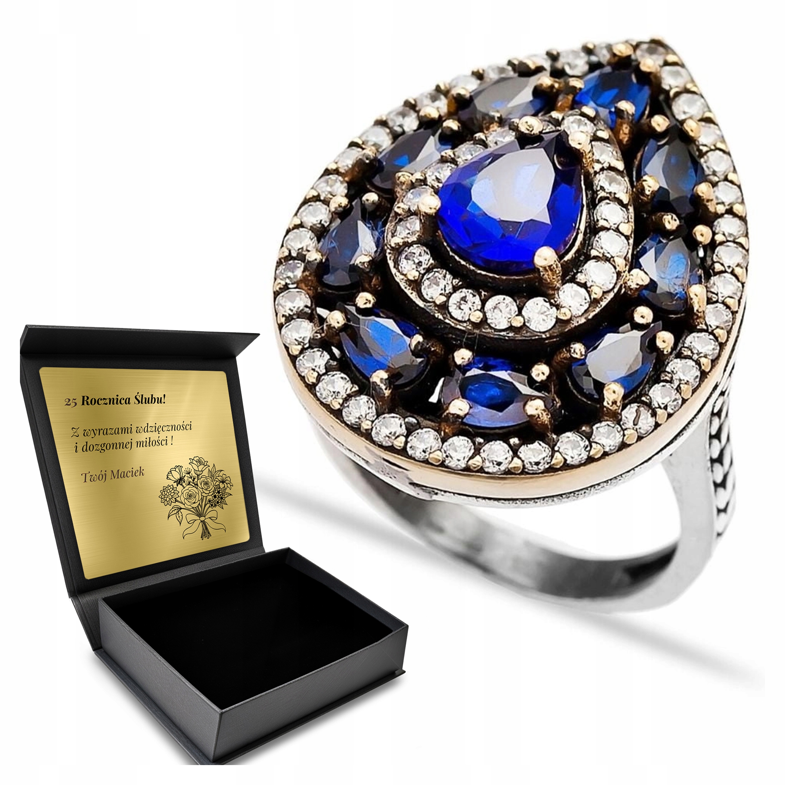 Prstýnek 925 Zirkony Safír Dárek Na Valentýna Gravírování Bonus