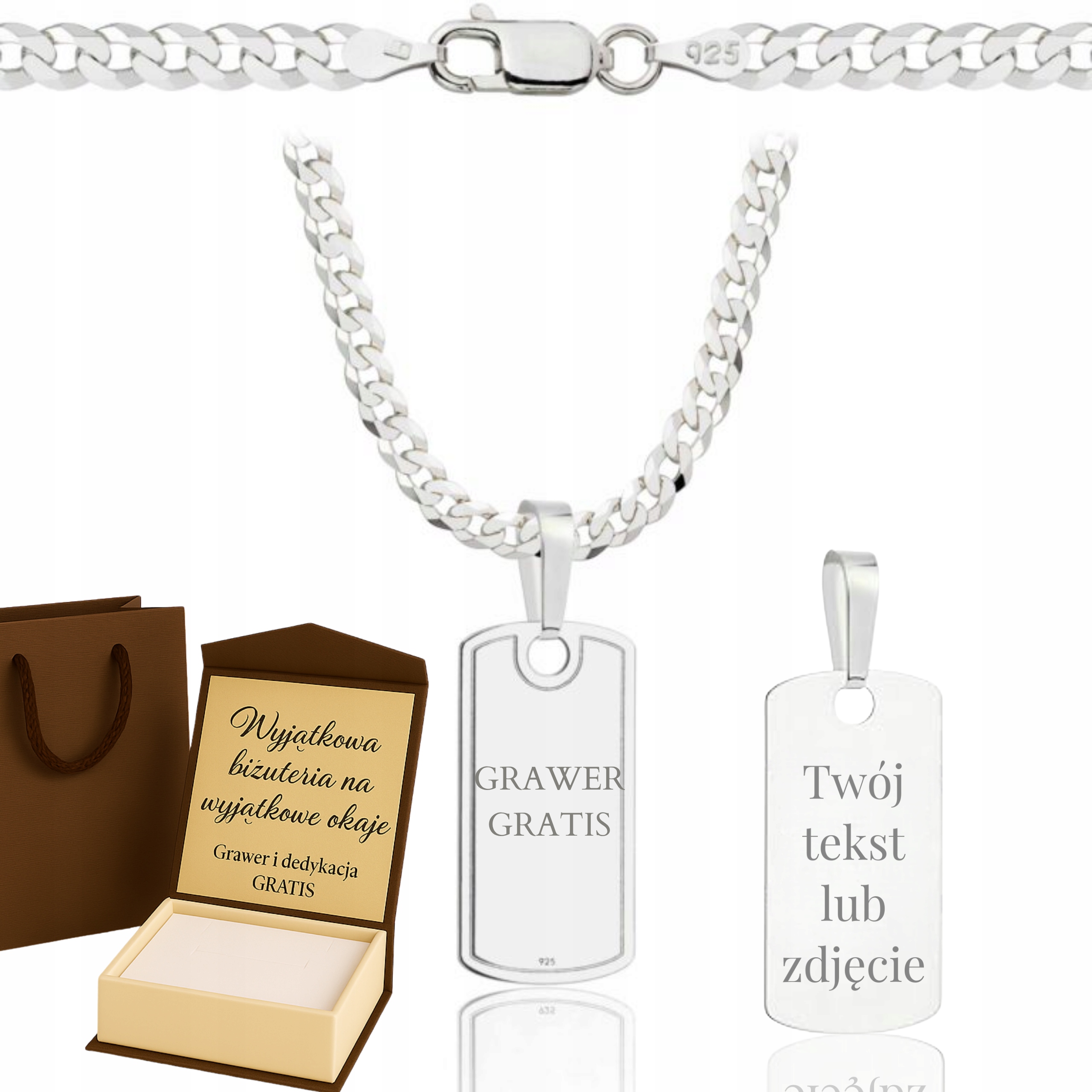 Stříbrný Plný Řetízek Pánský Pancr Vojenská Známka Ryzost 925 Gravírování Bonus
