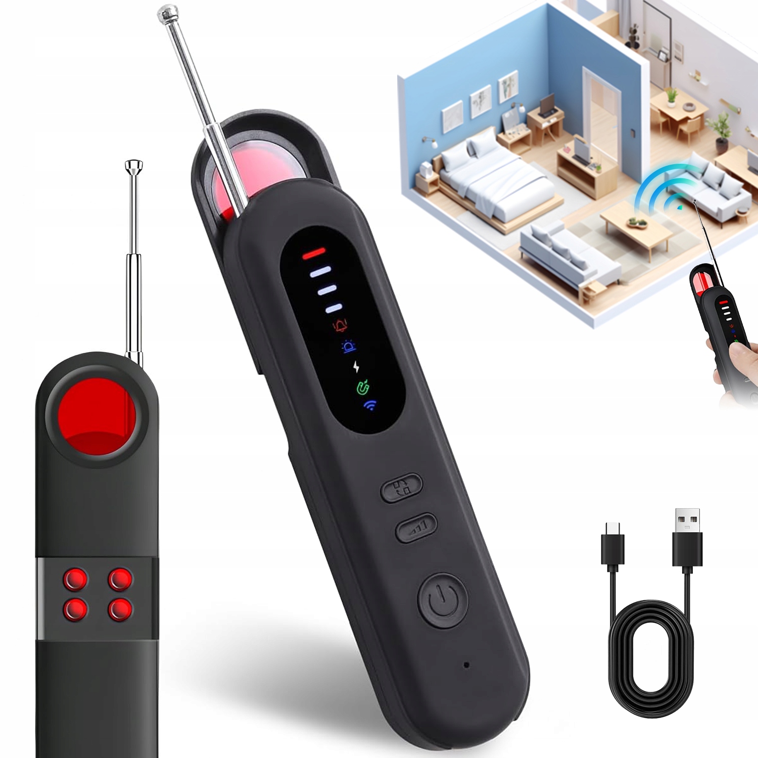 WYKRYWACZ PODSŁUCHÓW KAMER GPS DETEKTOR RF 5 POZIOMÓW CZUŁOŚCI LATARKA