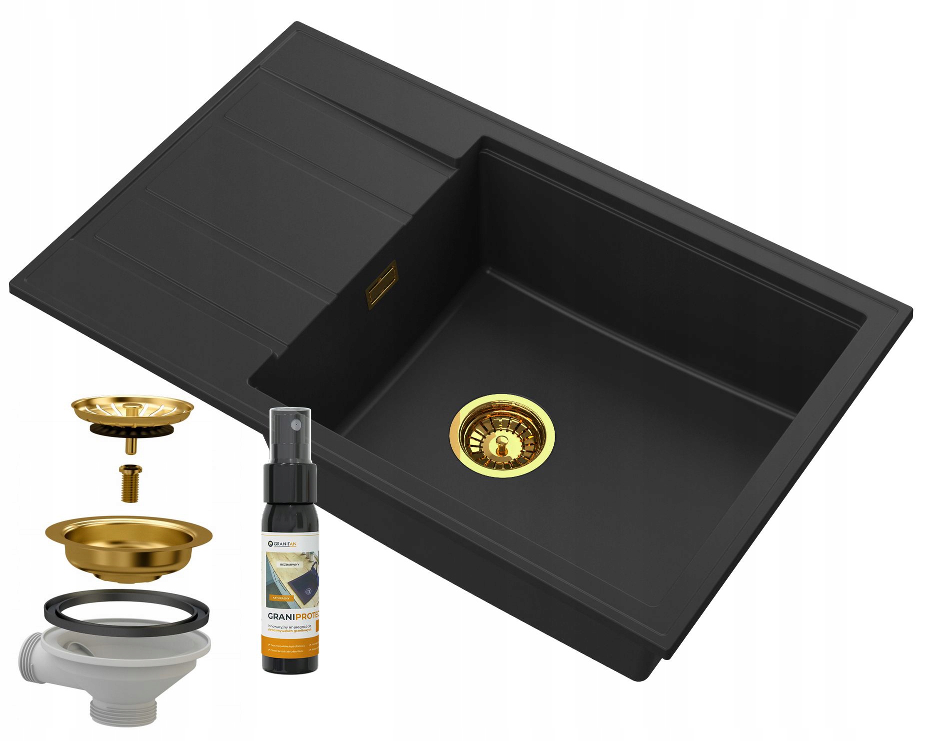 

Zlew Granitowy Czarny Louis Ociekacz Syfon Złoty