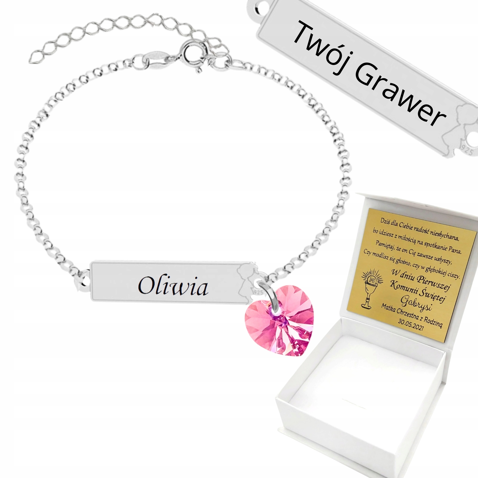 Náramek pro dívku Gravírování Svaté Přijímání Anděl Stříbro 925