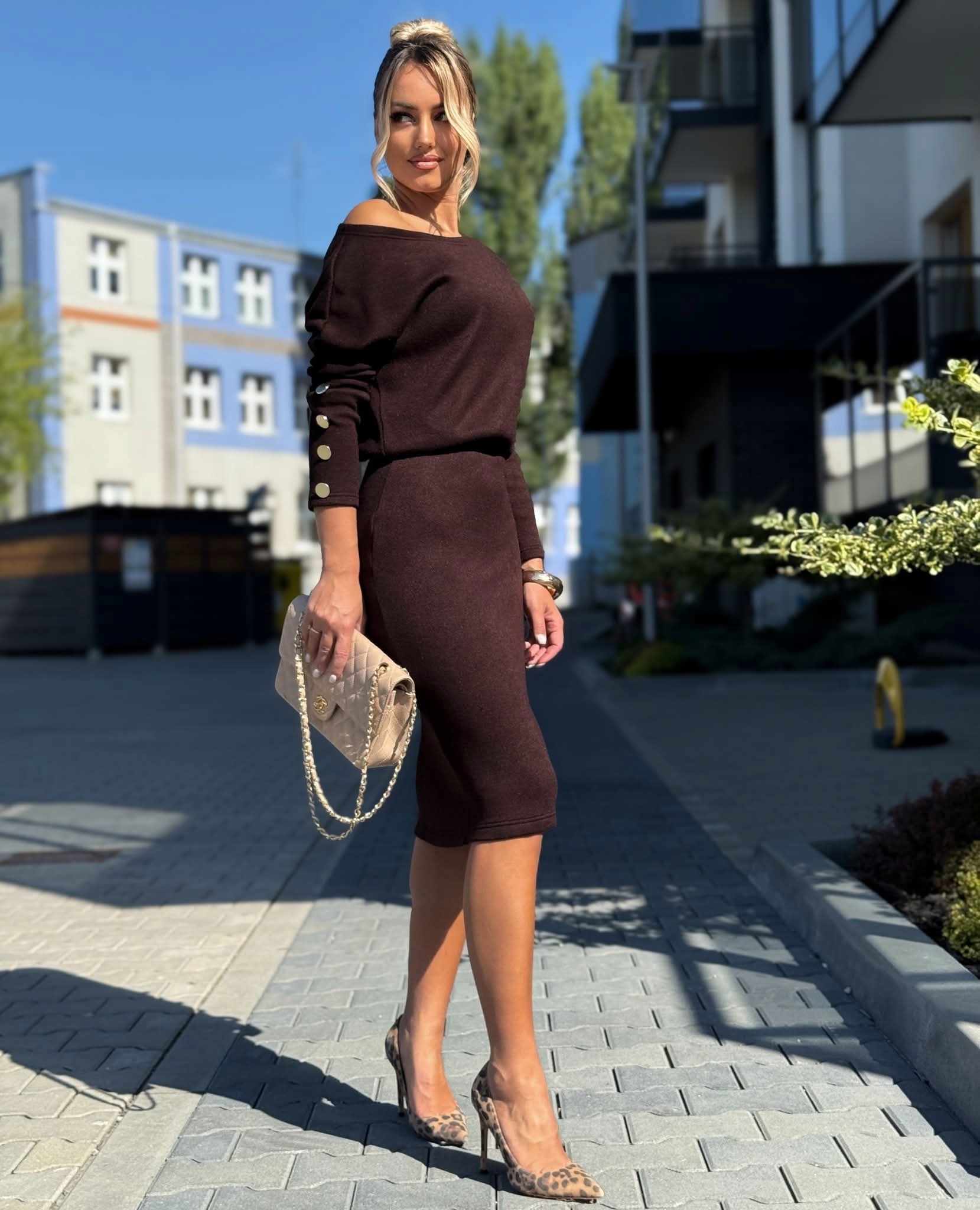 Pletený komplet Košilka carmen Sukně Rozparek Knoflíky Čokoláda S