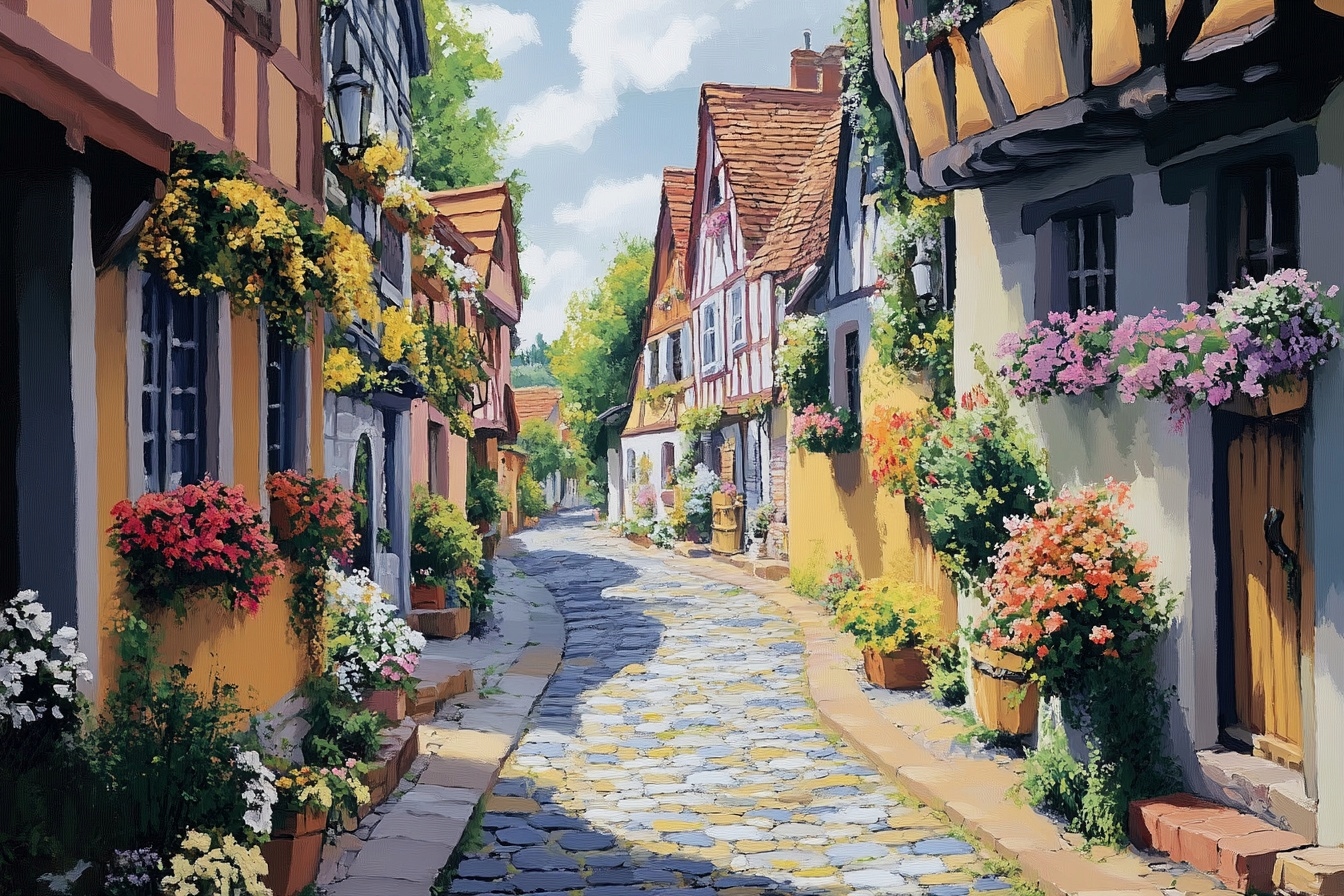 Obraz Na Plátně Canvas Město Šachulové Domy Bruk Ulička Květiny 120x80