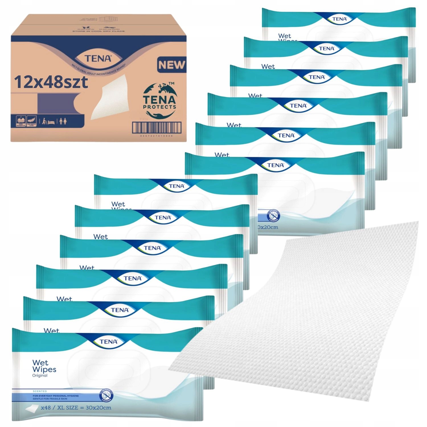 Karton 12x48szt Tena Wet Wipes Original mokre chusteczki oczyszczające