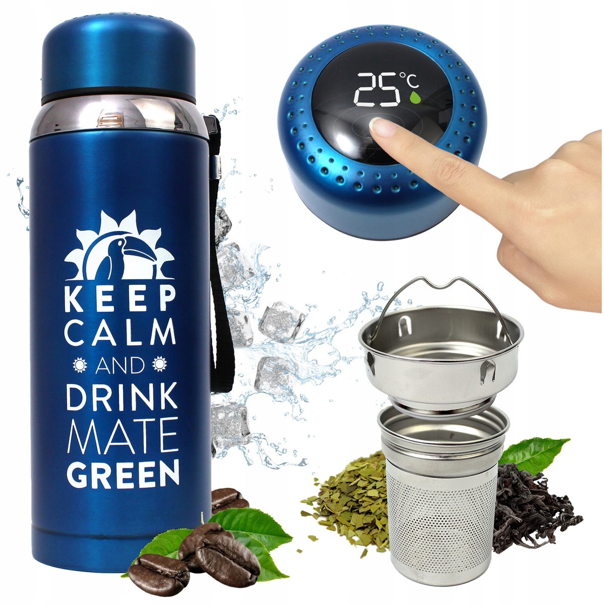 Termos 8.0 modrý pro yerba maté čajovou kávu 800 ml s teploměrem a sítkem