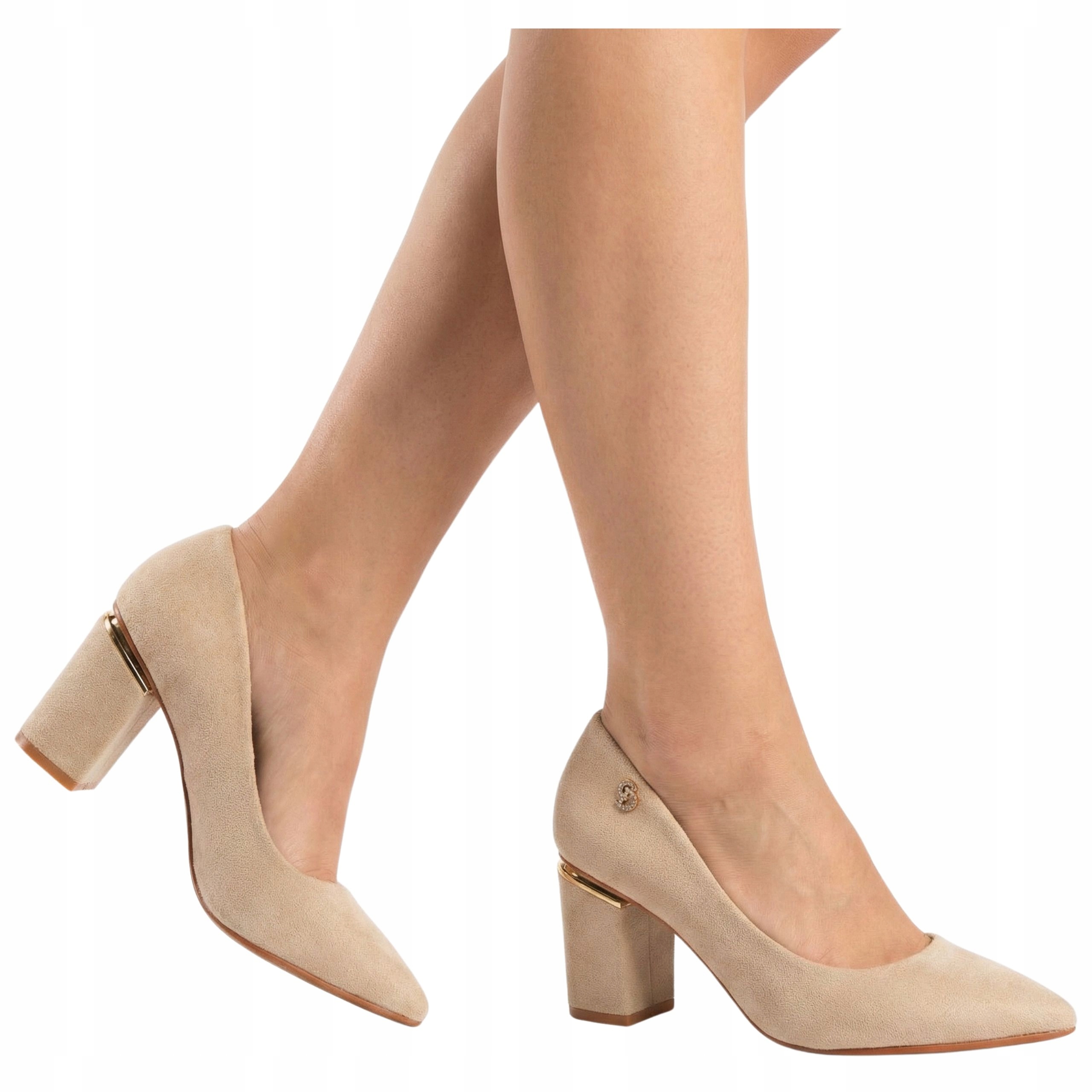 Czółenka Buty na obcasie słupku Obcasy szpic beżowe zamsz r. 40