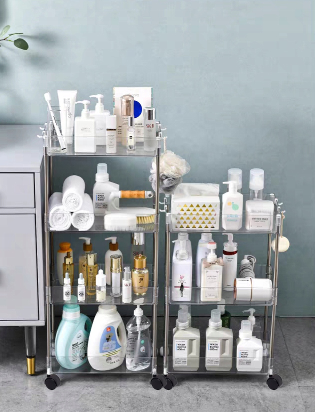 PÓŁKA ŁAZIENKOWA NA KÓŁKACH WĄSKA KUCHENNA SZAFKA ORGANIZER REGAŁ 9cm3PÓŁKI Kolor mebla przezroczysty