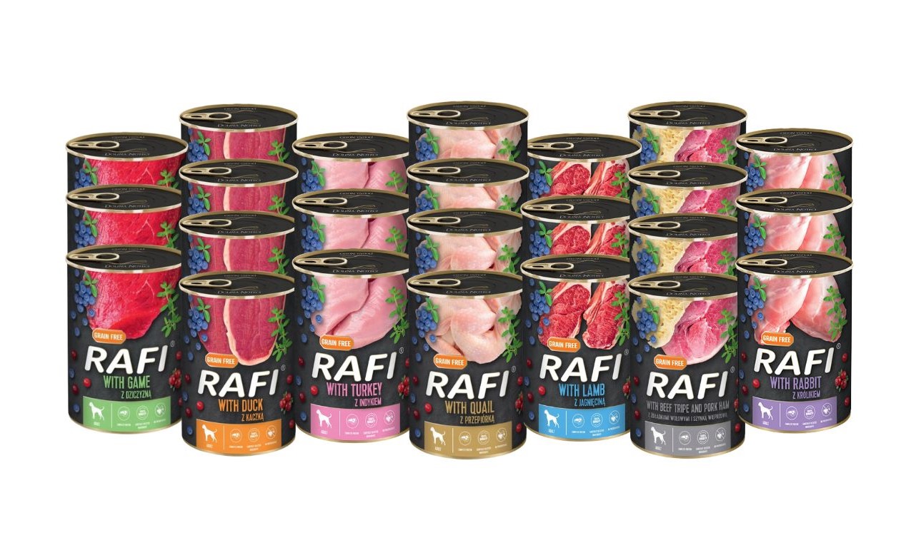 Rafi vlhké krmivo MIX 7 příchutí 24x400g Bez Obilí Dolina Noteci