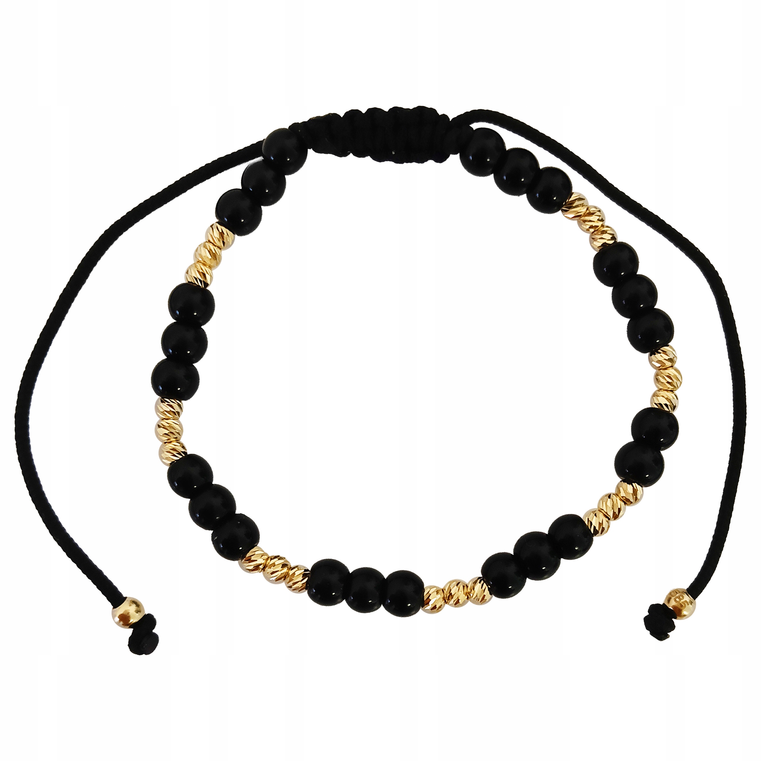 Zlatý náramek 585 na černém provázku s trojitými kuličkami jako dárek