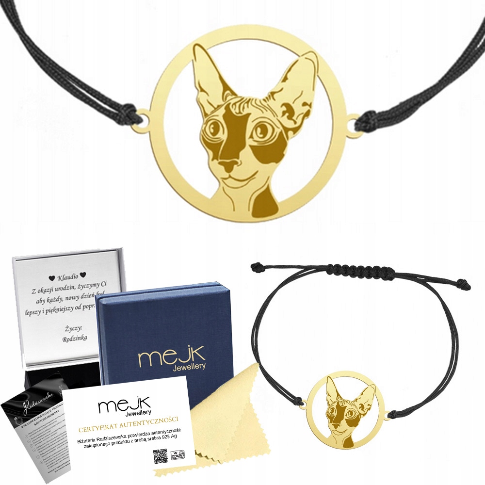 Zlatý náramek s kočkou Cornish Rex 925 Šňůrka Dárek Šperky Gravírování