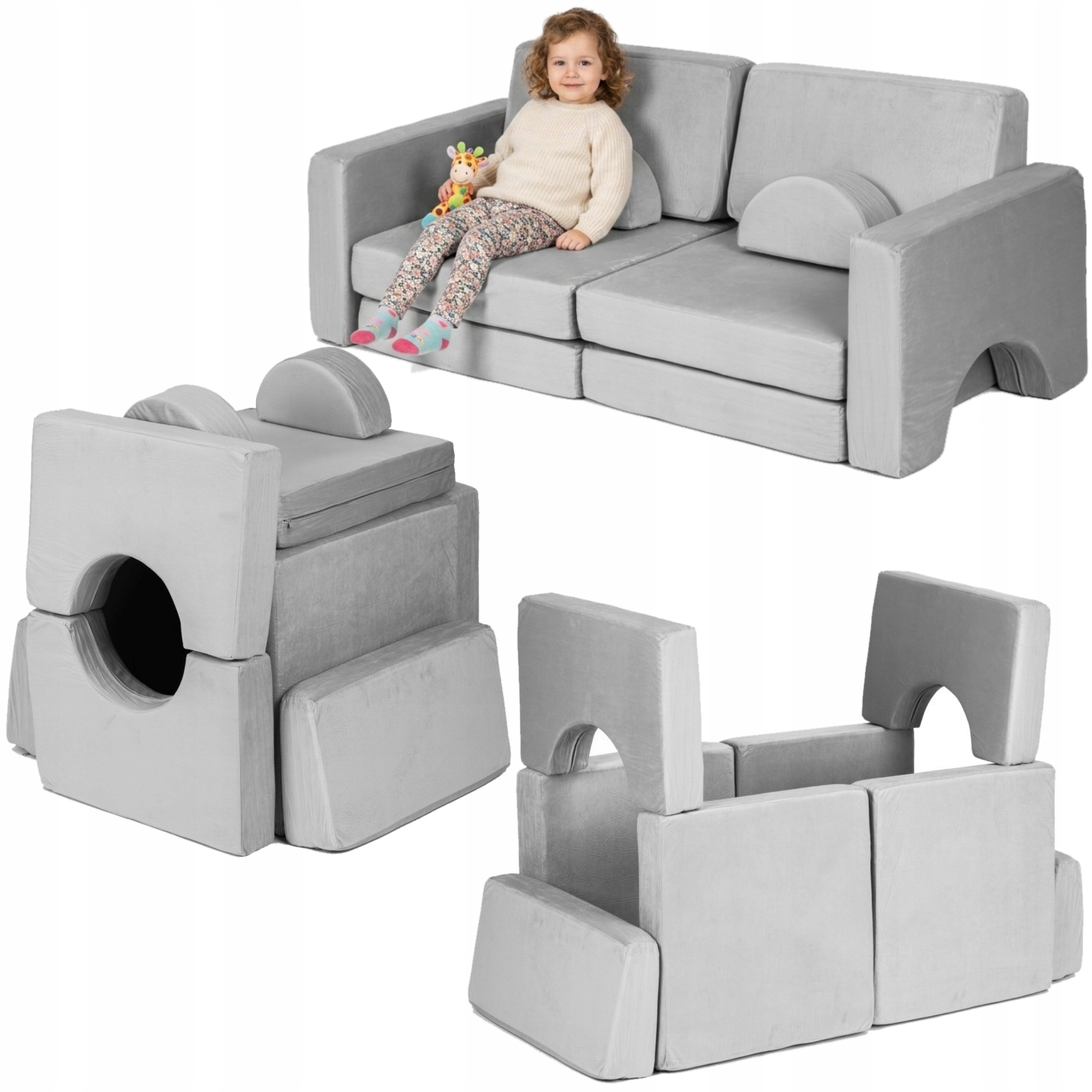 Sofa Modułowa Duża Składana Dla Dzieci Tkanina 10 Miękkich Poduszek Szara