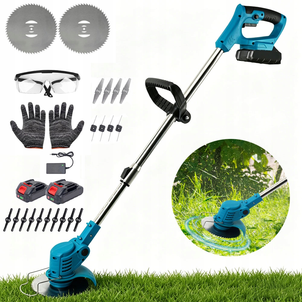 Akumulátorový vyžínač křovinořezu s protinárazovým třepačem a brýlemi