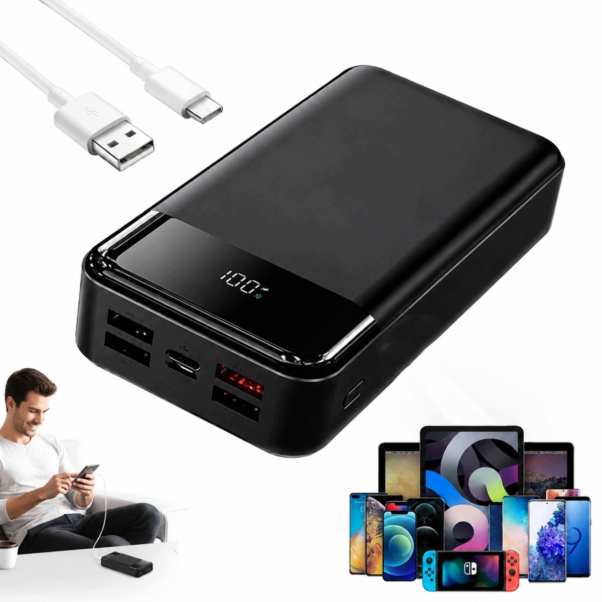 Power Bank 50000MAH 22,5W Z Szybkim Ładowaniem Usb-c Usb-a Z Kablem
