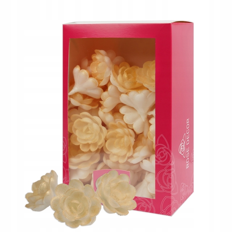 Kwiaty waflowe na tort Złota Róża angielska perłowa średnia 50szt