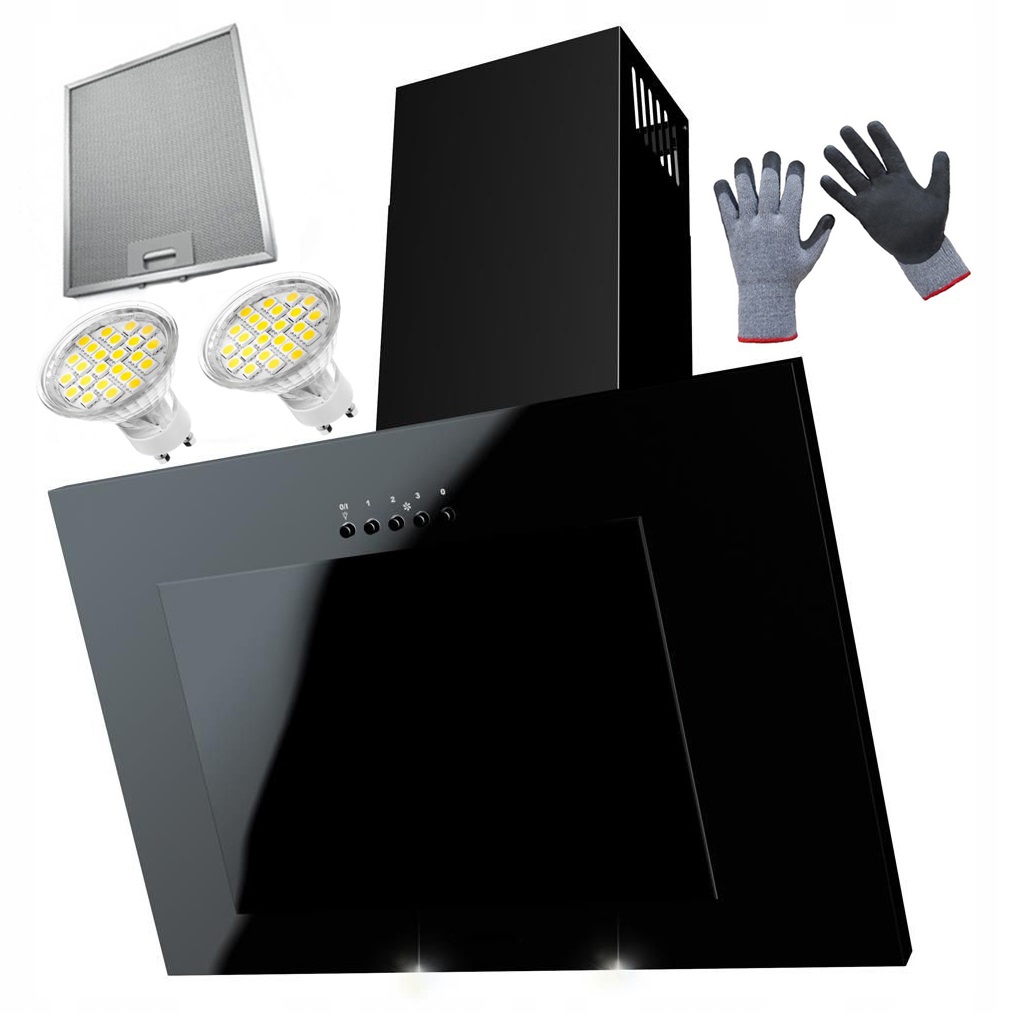 Czarny Okap Kuchenny Kominowy Czarne Szkło Led 50 CM Led Cichy Lux Wydajny