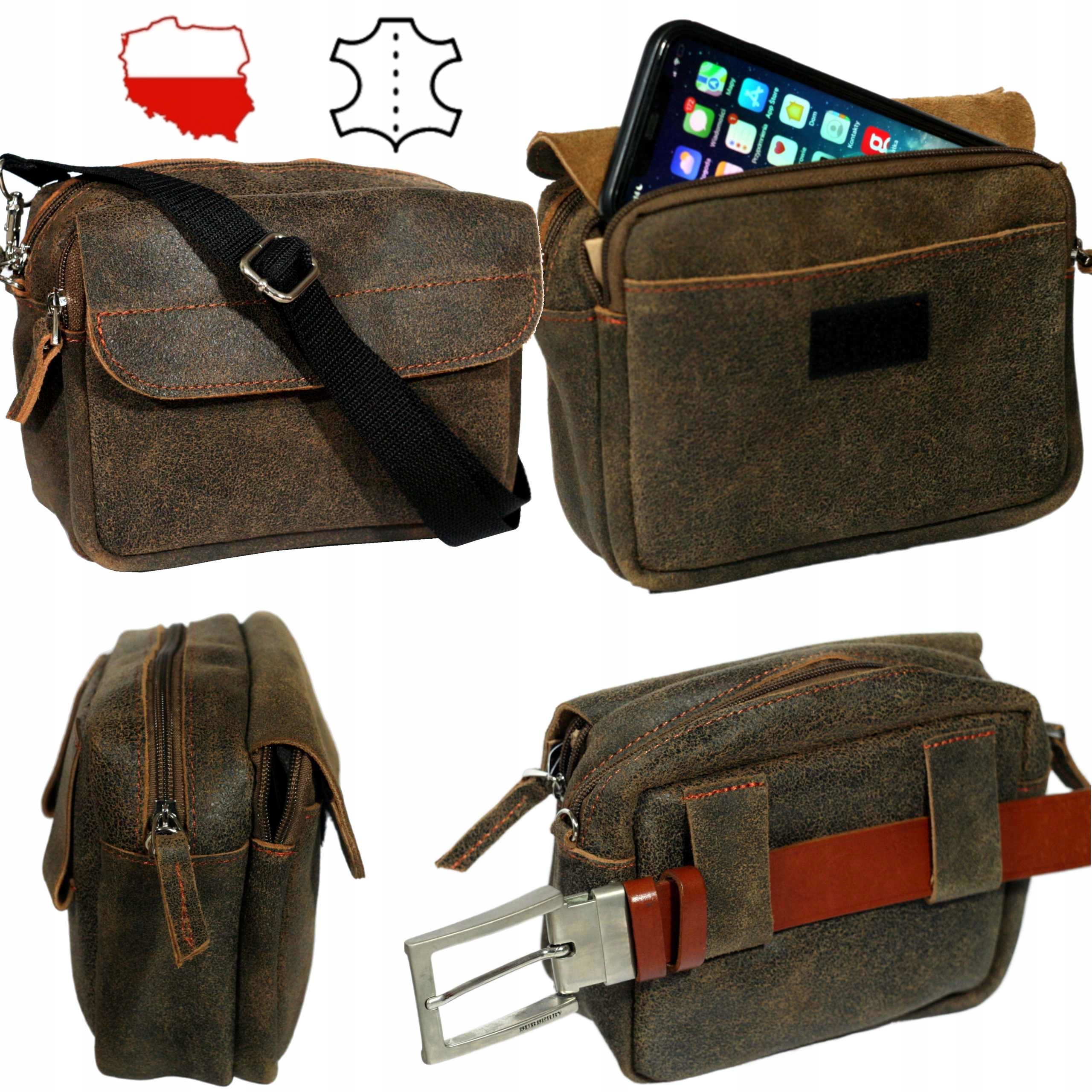 Hnědá kožená pánská taška na opasek do ruky, malá polská výroba