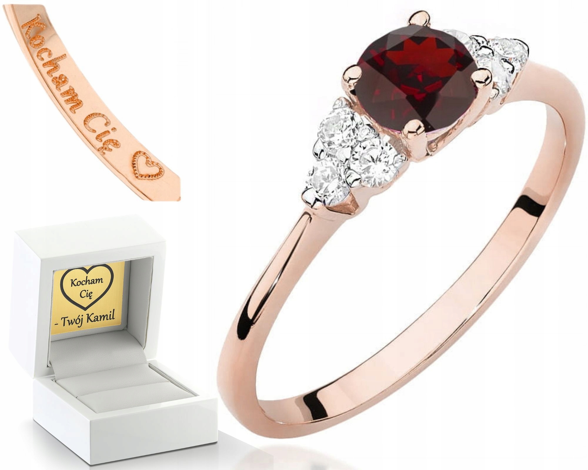 Růžové Zlato Prstýnek S Granátem A Diamanty Gravírování Bonus 585