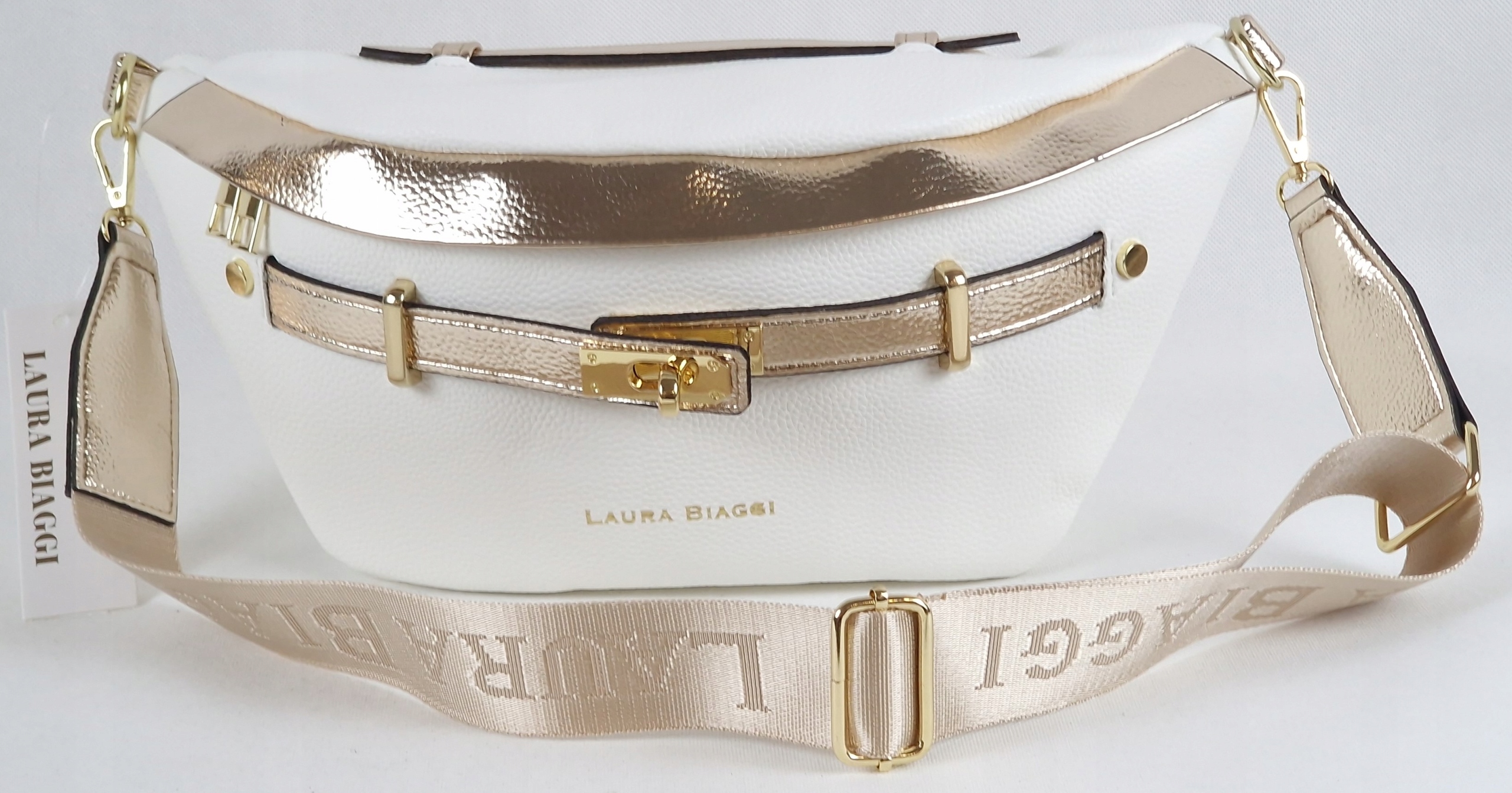 Laura Biaggi kabelka poštárka ľadvinka ekologická koža biela zlatá