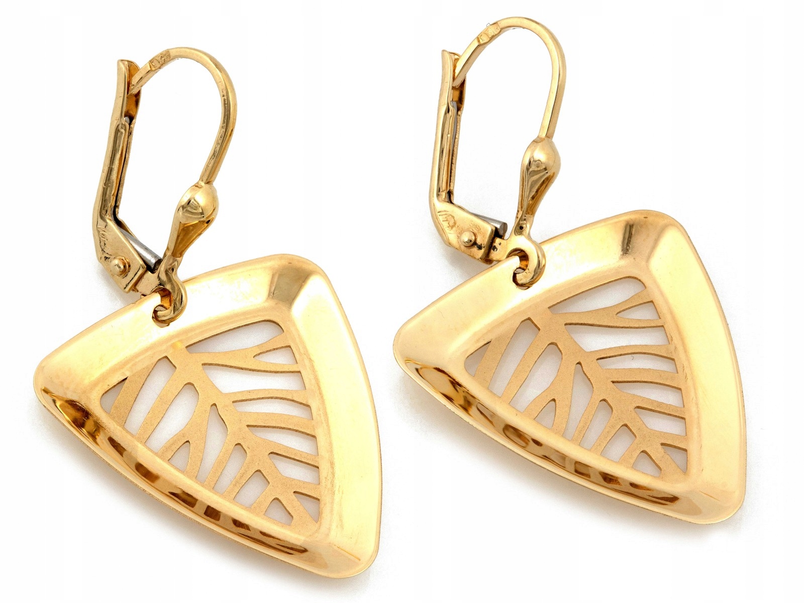 Velké ažurové zlaté náušnice 585 listy visící trojúhelníky 2.88ge jako dárek