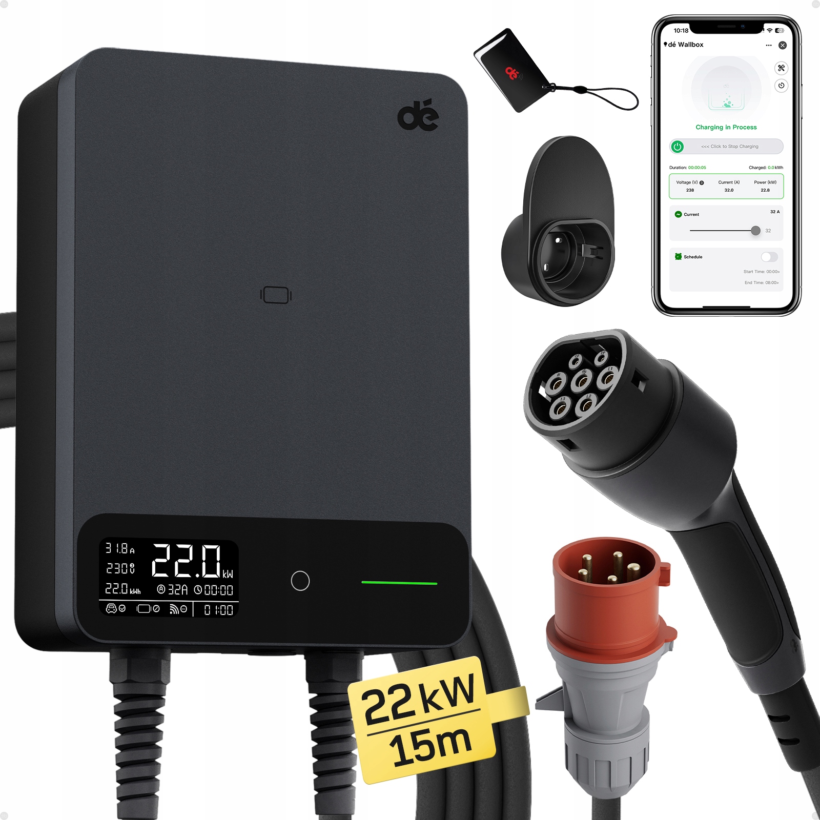Stacionárna nabíjačka do auta 15 m Wallbox Ev 22 kW Typ 2 Wi-Fi Rfid