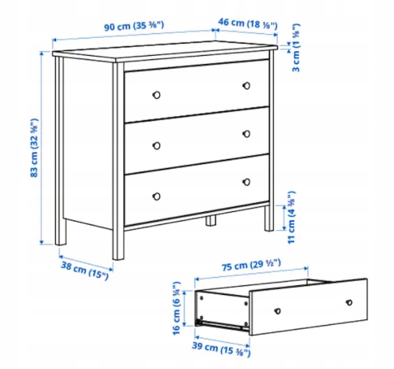 IKEA KOPPANG Komoda, 3 szuflady, biały90x83 cm Szerokość mebla 90 cm