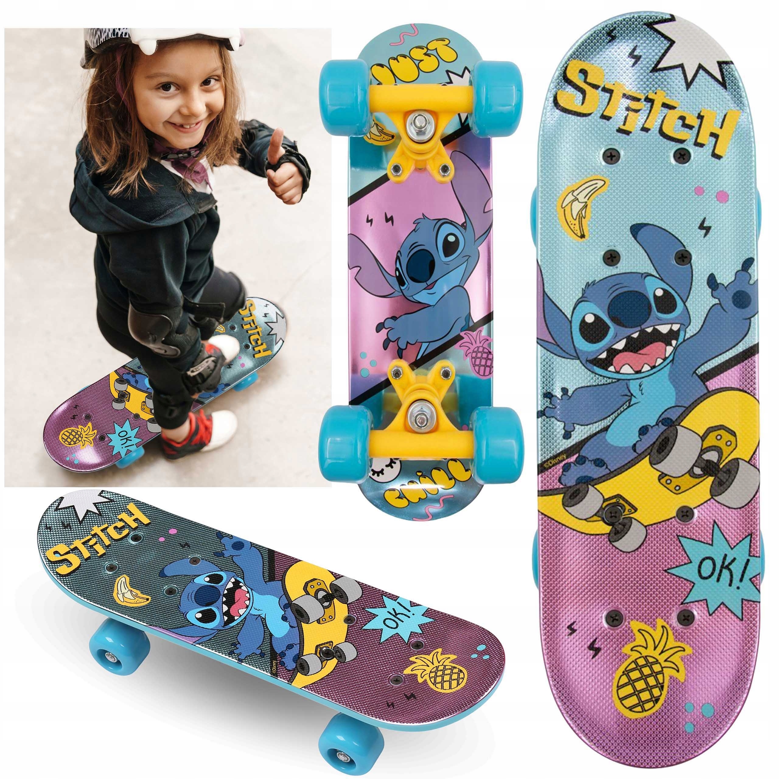 Disney Stitch Dziecięca deskorolka 42 cm, antypoślizgowa deska, lekka, Stab
