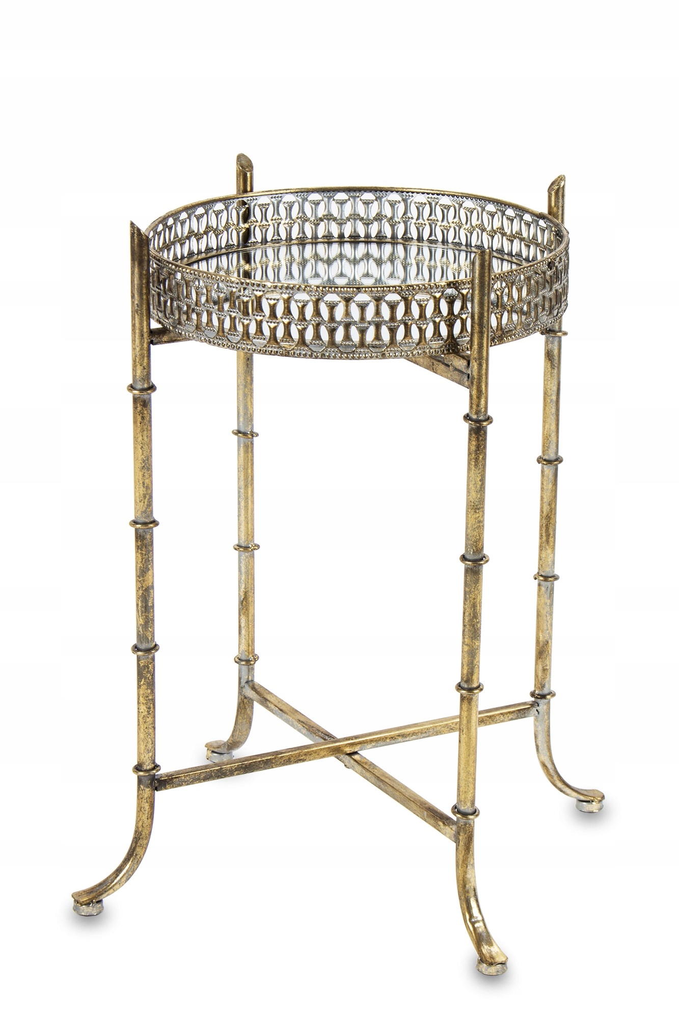 Kovový okrúhly stolík, bar, kvetinový záhon, staré zlaté zrkadlo