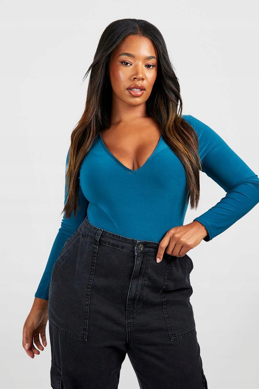 ZIELONE GŁADKIE ELASTYCZNE BODY DOPASOWANE DŁUGI RĘKAW BOOHOO 46 Marka Boohoo