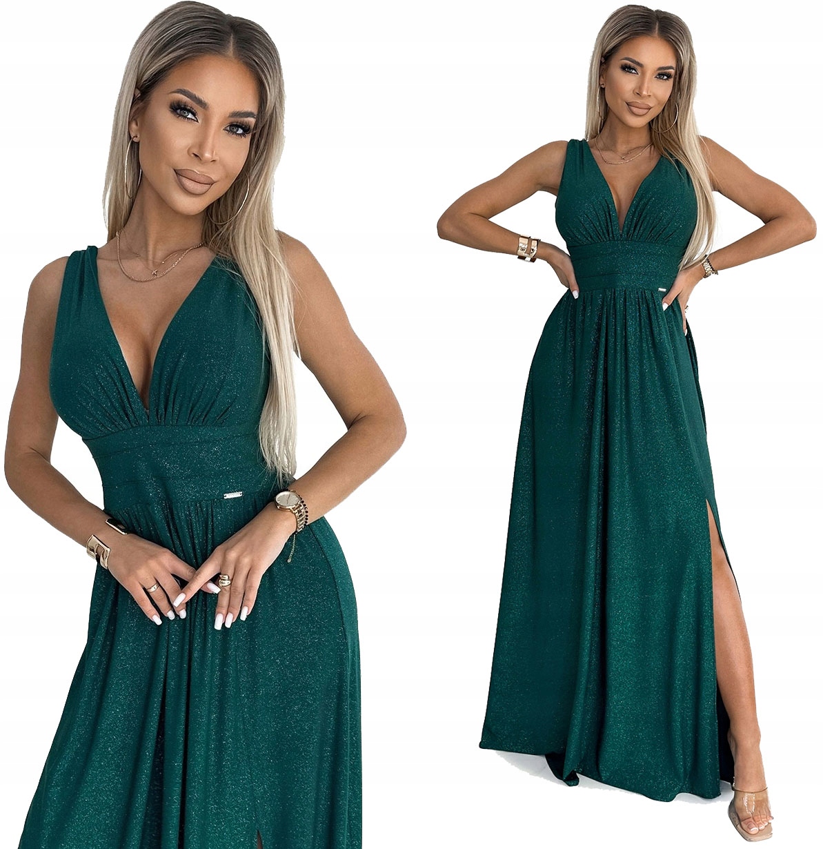 Dlouhé Šaty S Výstřihem Na Svatební Hostina Ples Obšité V Pase Lahvově Zelená Barva M