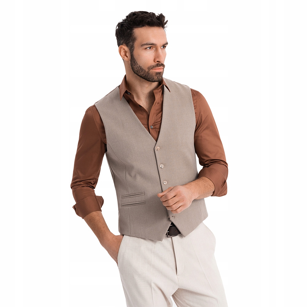 Pánská společenská vestička béžová s klasickým detailem V1 OM-BLZV-0142 M