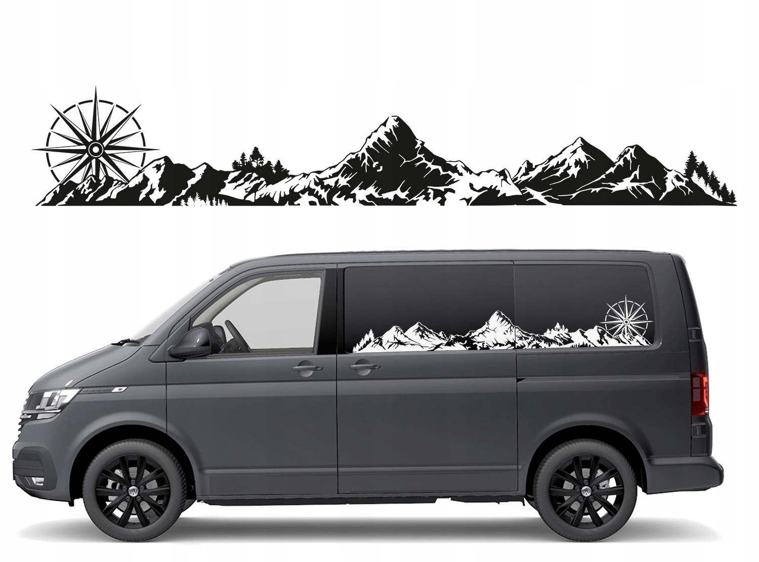 Samolepka Grafika na obytný vůz, boční část auta, Horské Pásmo, Hory, Kompas 30x180