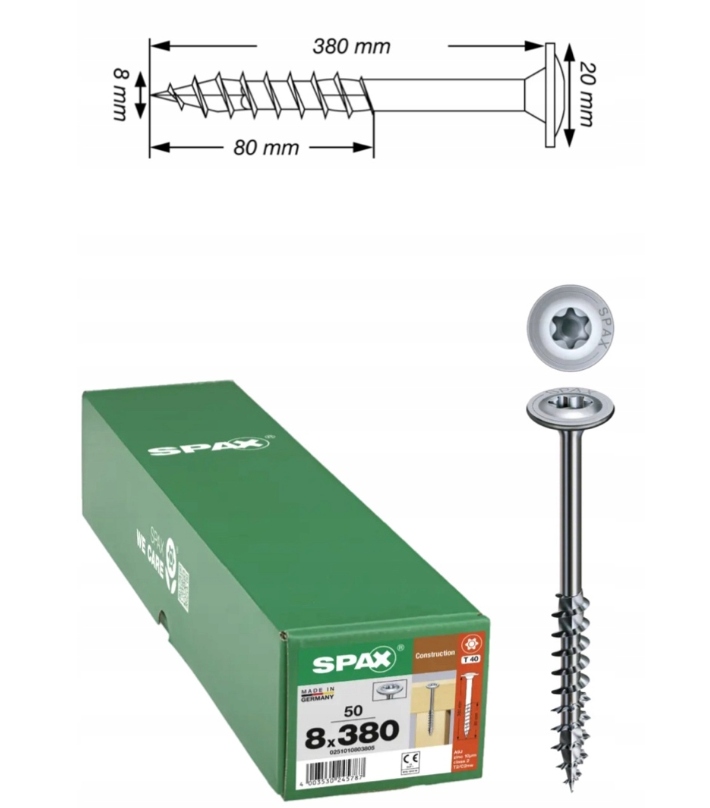 Univerzálne skrutky Wirox do dreva Spax 8 x 380 mm 50 ks