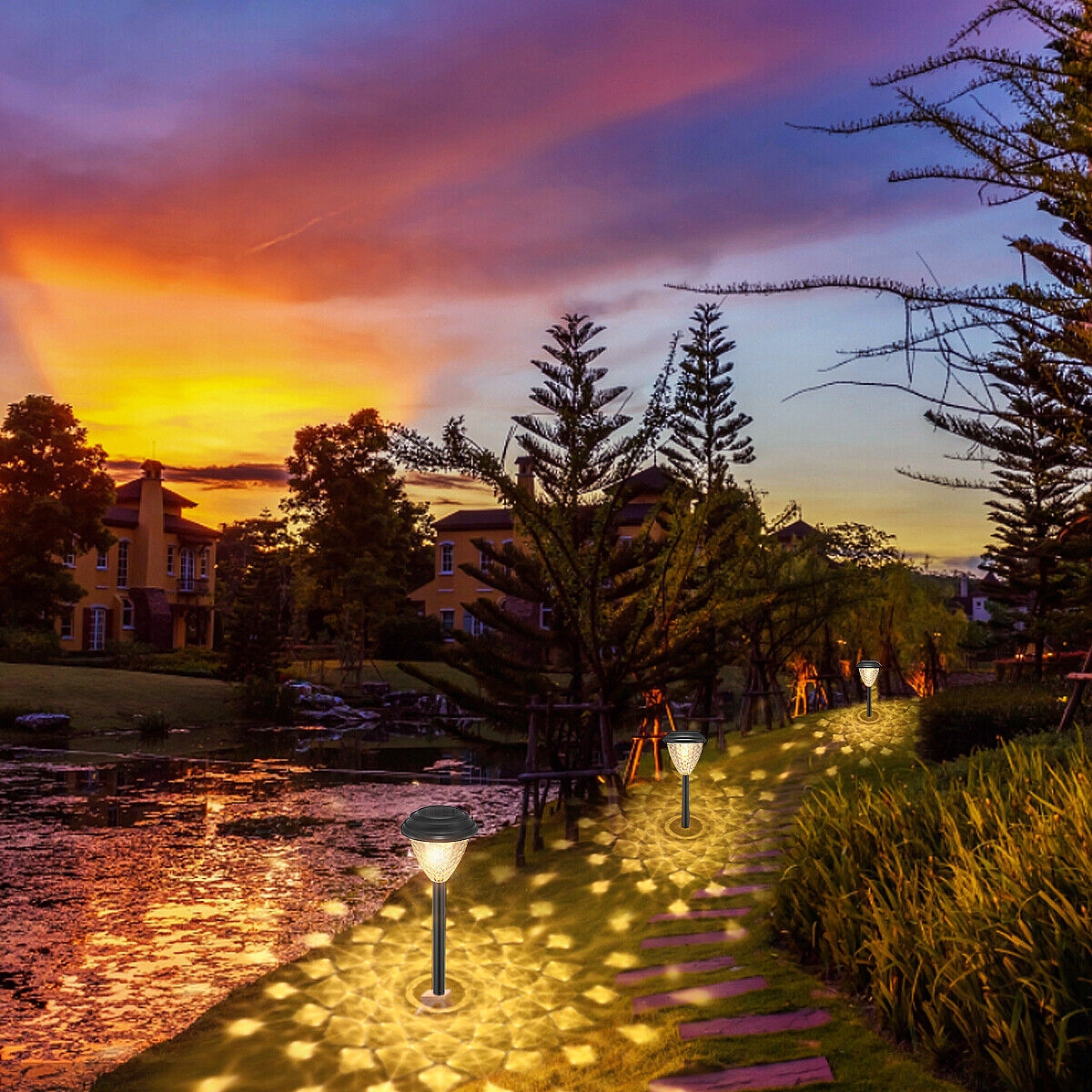 LAMPA SOLARNA LAMPKI SOLARNE AŻUROWY WZÓR OGRODOWA LAMPA SŁUPKOWA 4 SZTUKI Wysokość całkowita 43.5 cm