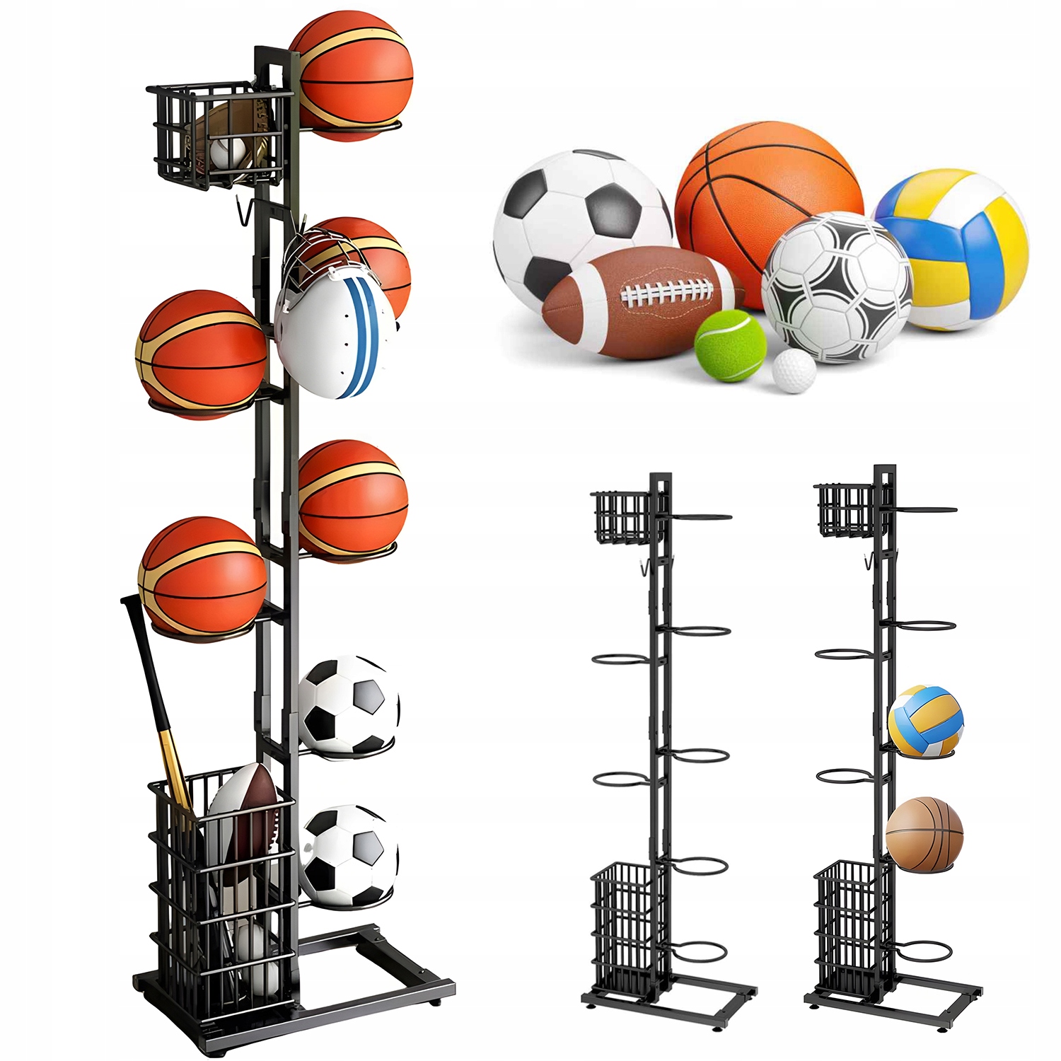 Stojan na 7 míčků police organizér skladování míčků vertikální Černý