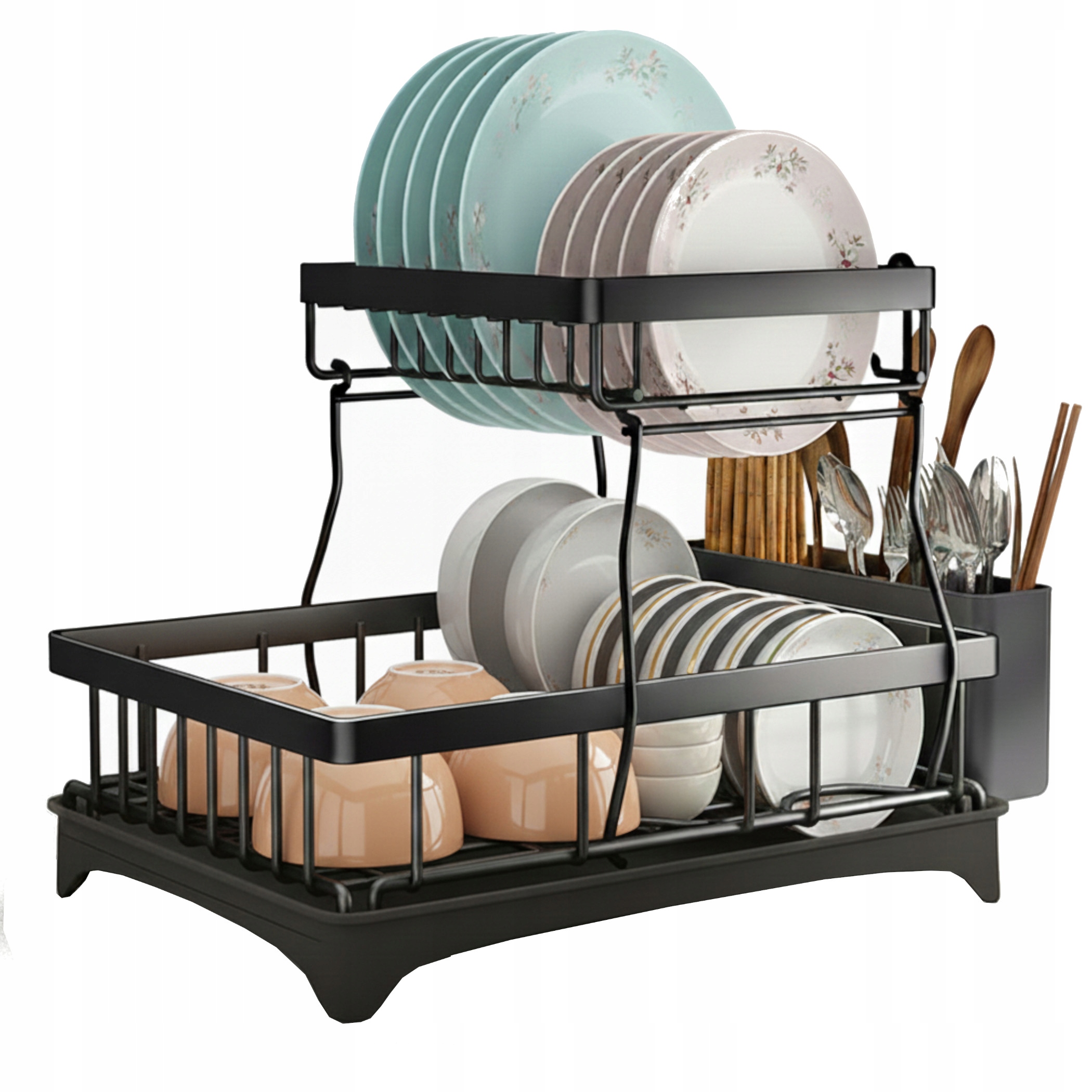 Levně Odkapávač na nádobí dvouúrovňový odkapávač s podnosem, kovová, černá nádoba