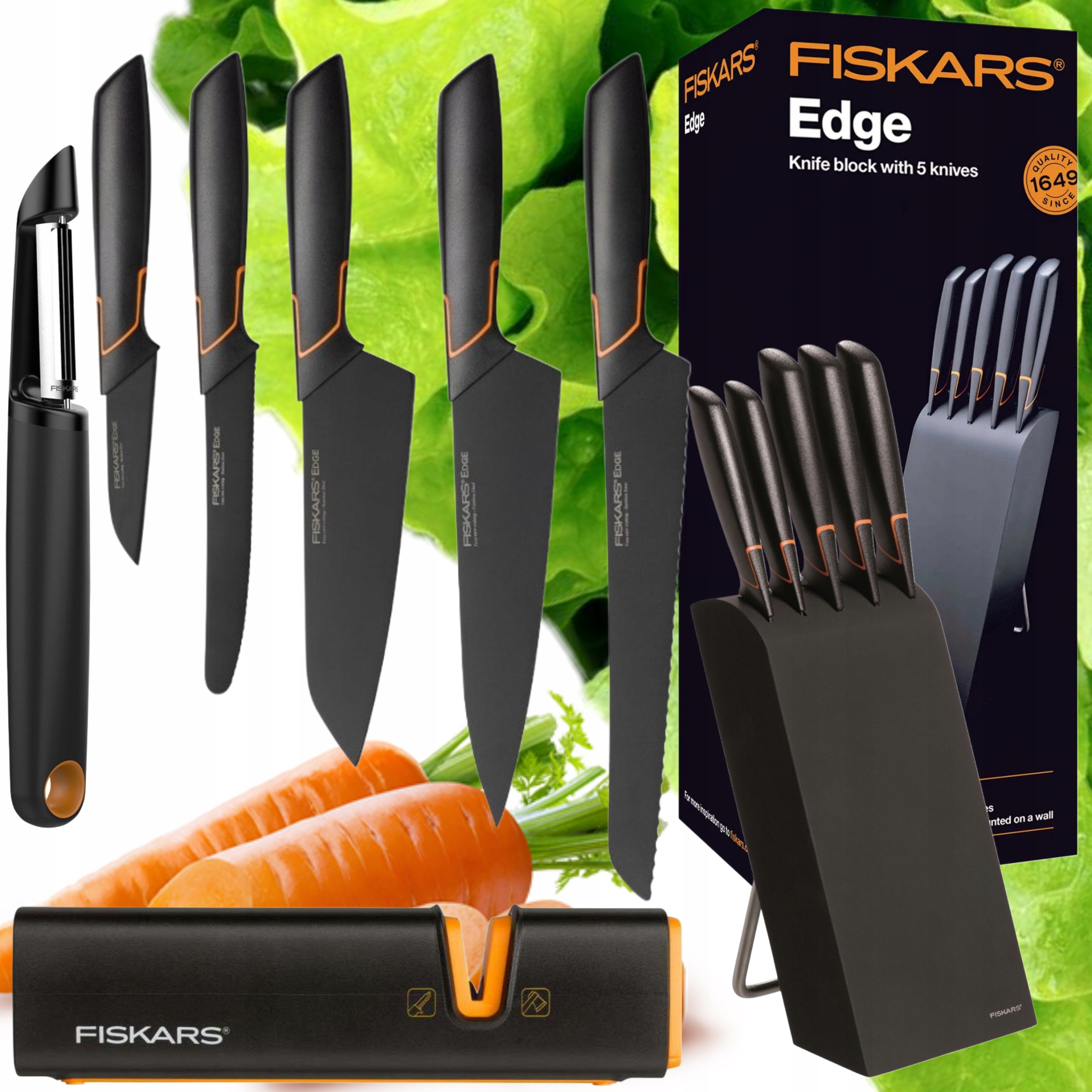 Sada 5 Nožov V Bloku Fiskars Edge Komplet Ostré Brusný Kameň Škrabovačka