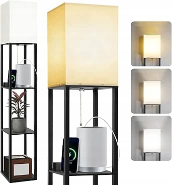 Podlahová lampa Deanic s drevenou poličkou a lampou, čierna