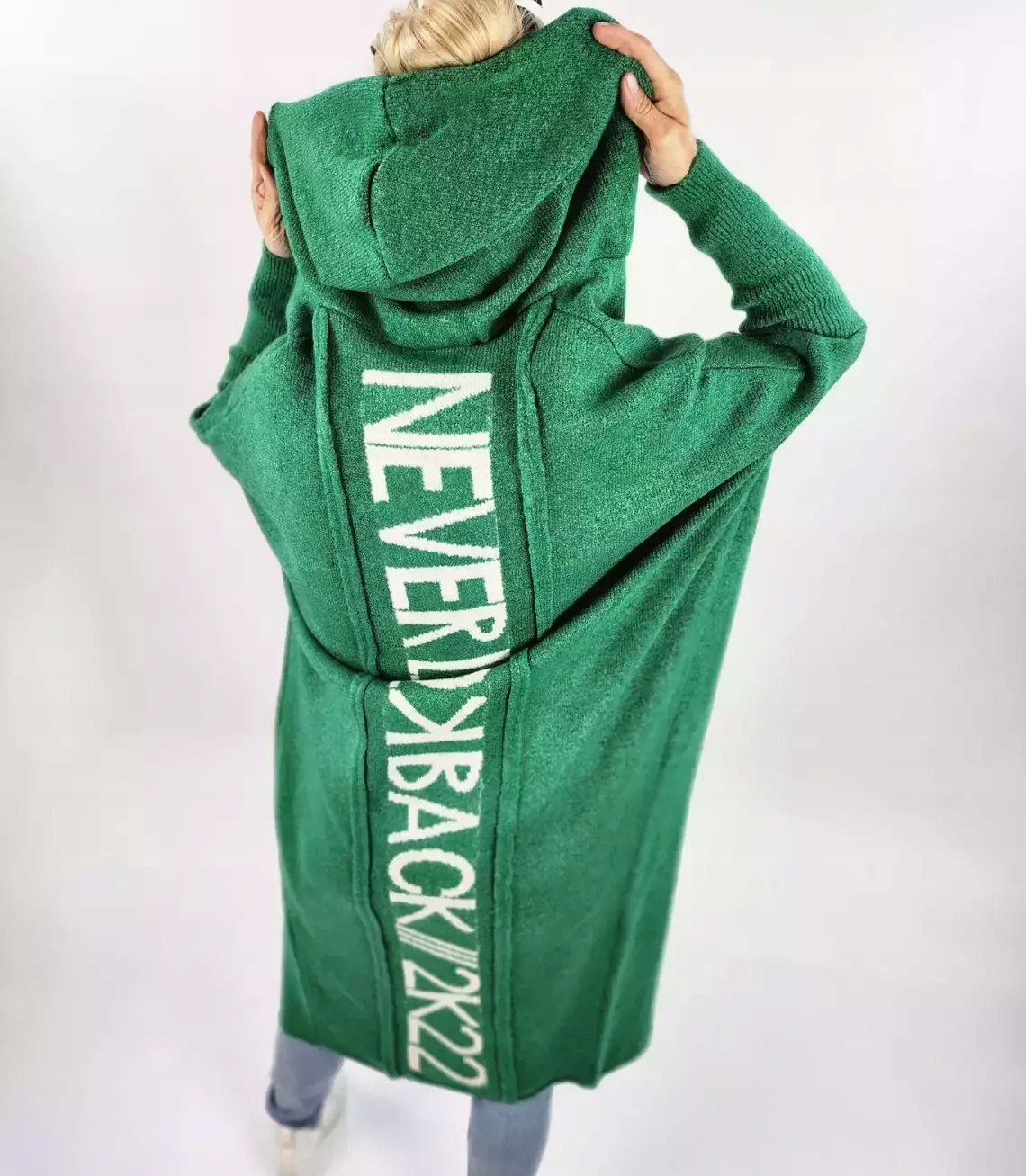 Teplý dámský svetr Kardigan Dlouhý s vlnou Nápis Never Look Back M