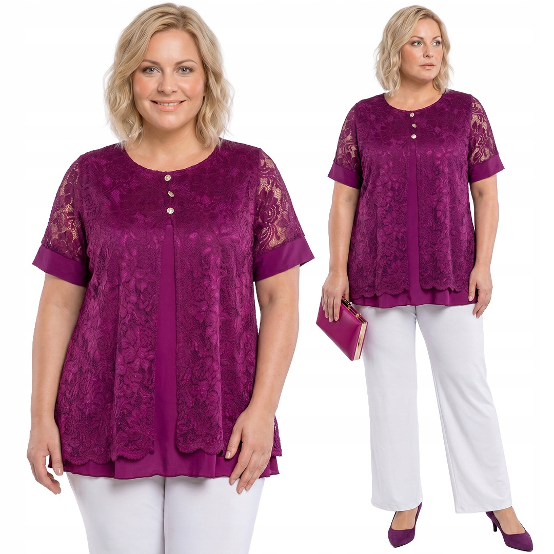 Fialová halenka s krajkovým přehozem a zlatými knoflíky plus size velikost