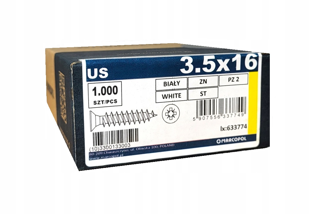 1000 SZTUK 3,5x16 WKRĘTY MEBLOWE DO DREWNA OCYNK BIAŁY