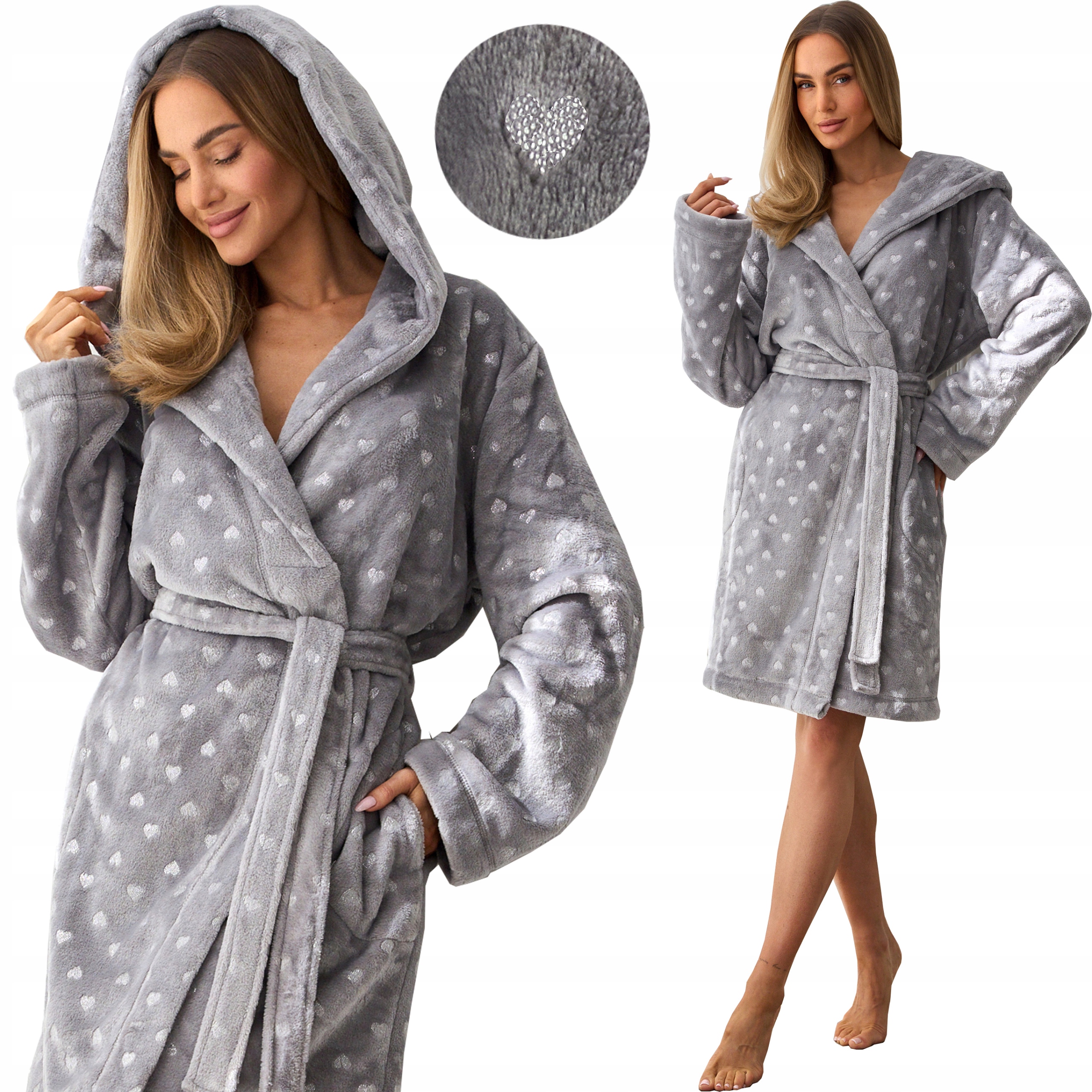 L&L dámský krátký objemný župan kapuce jz25 2550 Amira srdce šedá XL