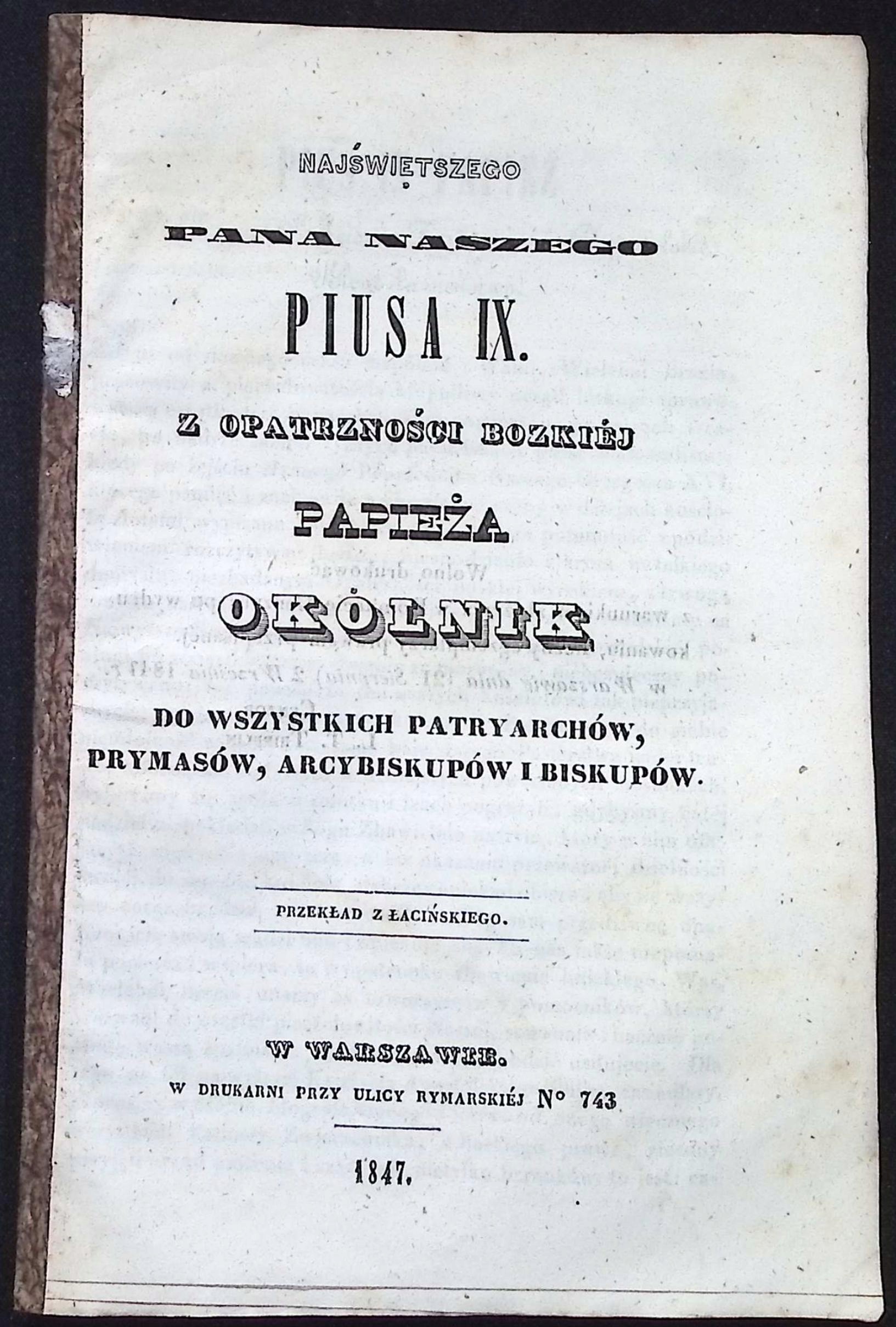 Najświętszego Pana Naszego Piusa IX z opatrzności bozkiej okólnik (1847 r.)