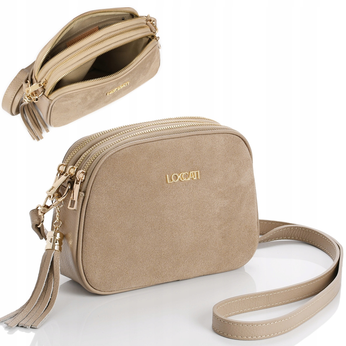 Torebka damska skórzana z zamszowym przodem mała przez ramię złote okucia