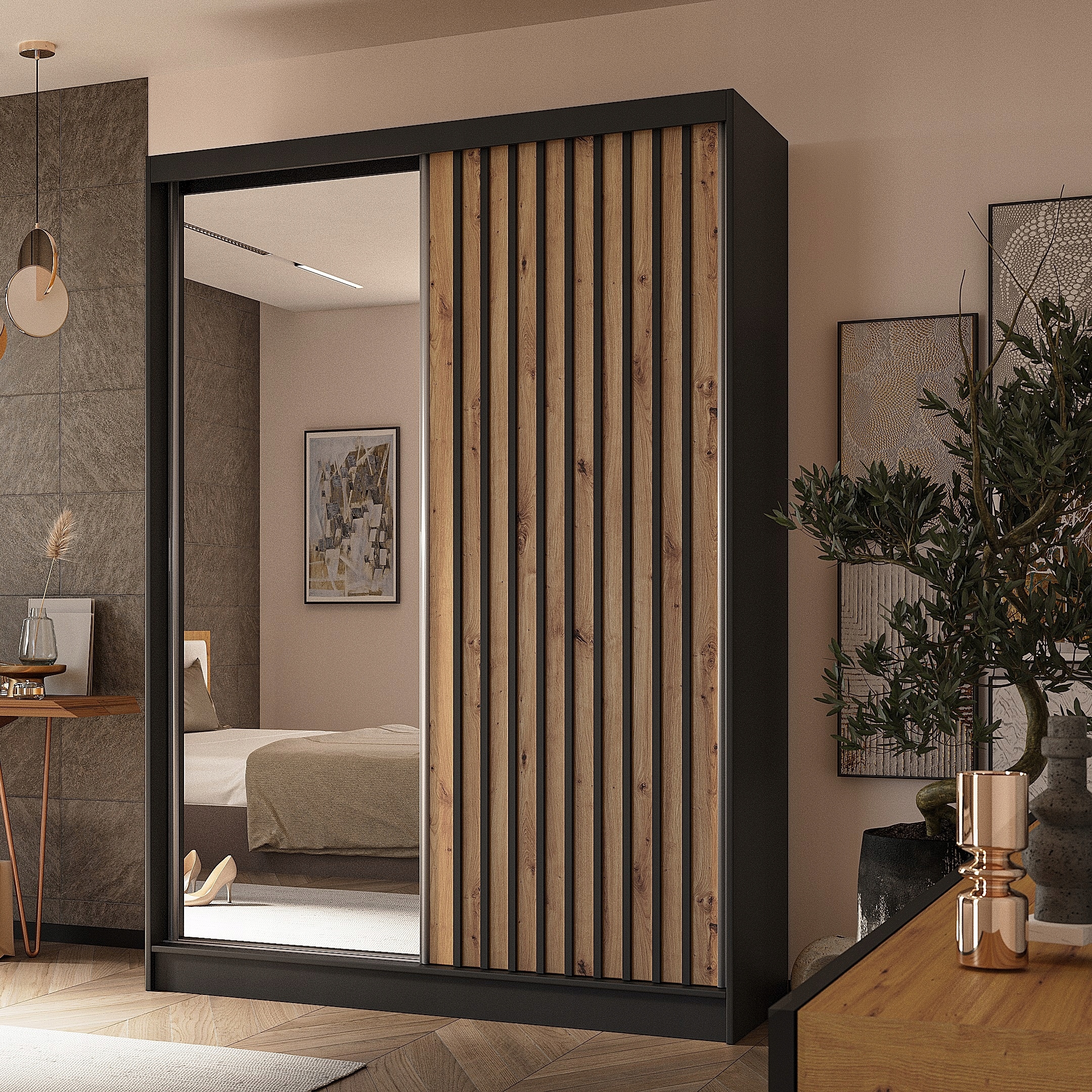 Skříň dvoudveřová Lamello 150 cm Skříň se zrcadlem Posuvná černá