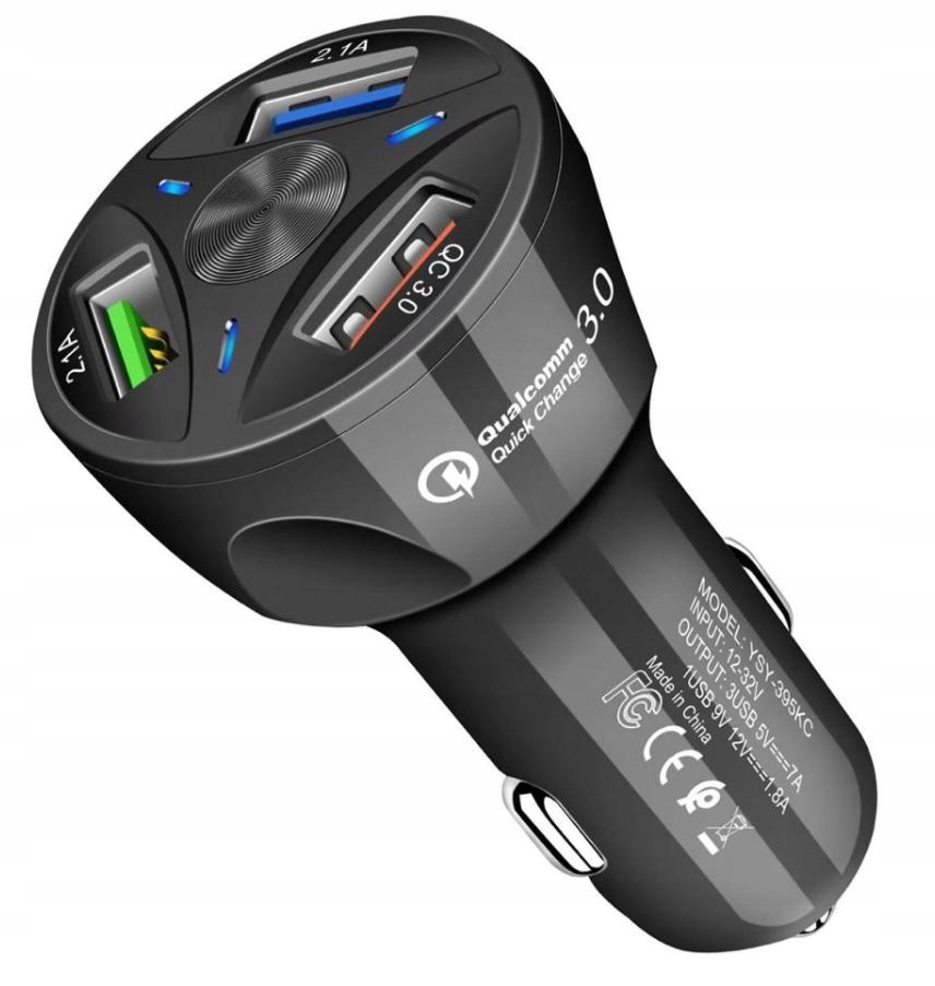 3A ŁADOWARKA SAMOCHODOWA USB QUICK CHARGE 3.0 LED Prąd wyjściowy 3 mA