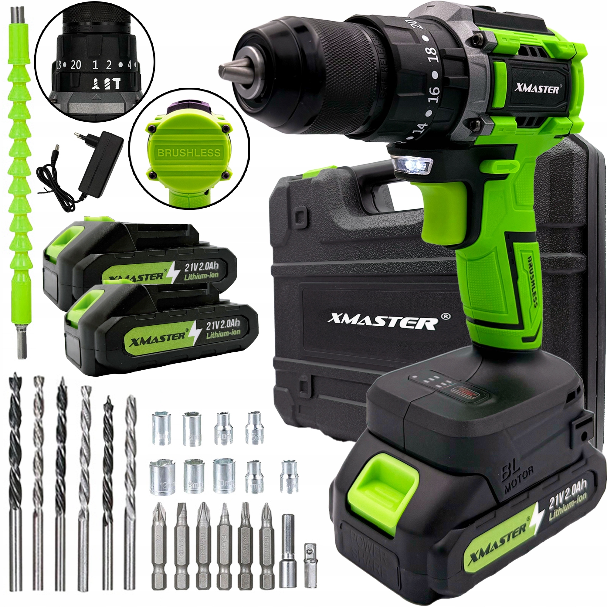 Bezszczotkowa Akumulatorowa Wiertarko Wkrętarka Udarowa 2xAKU Zestaw