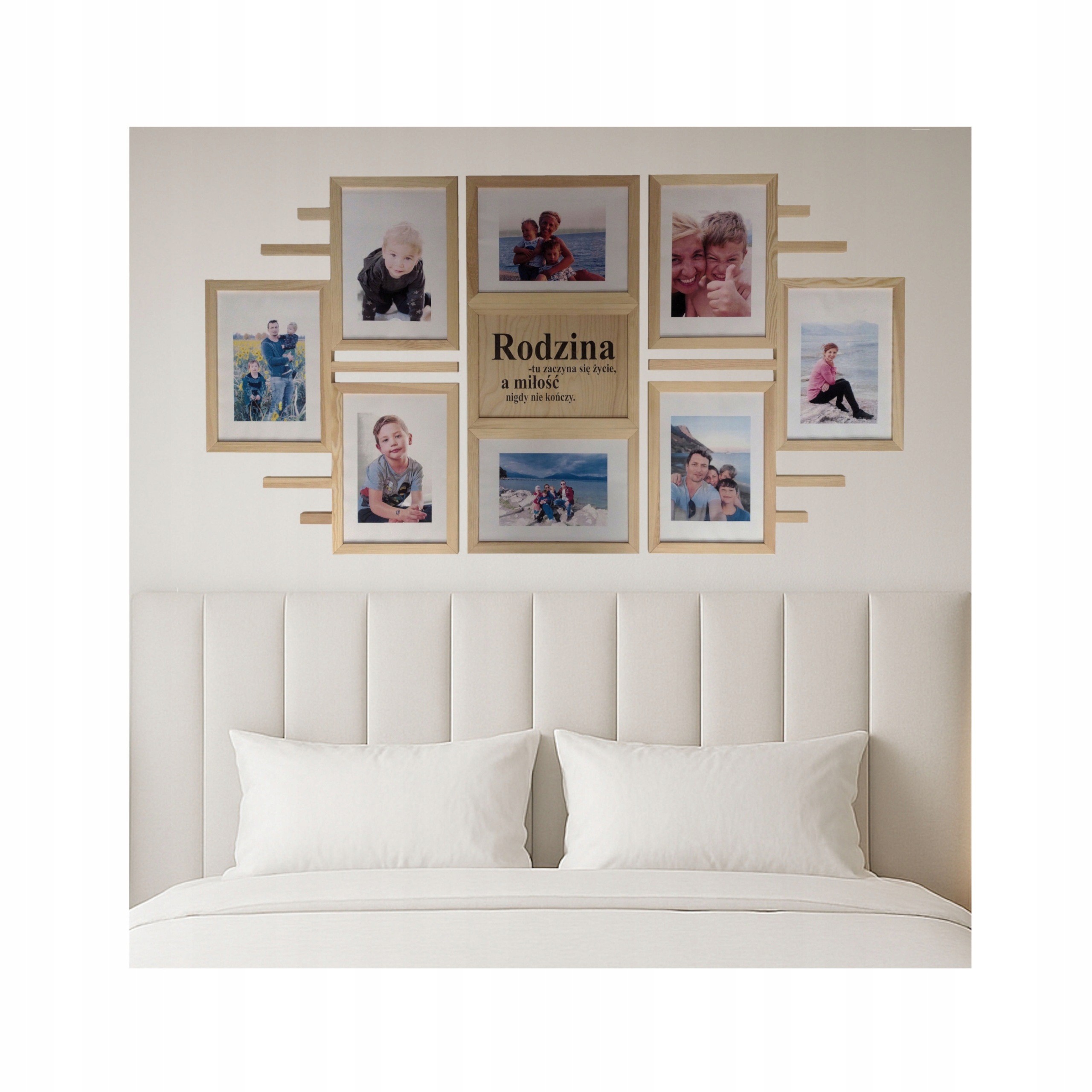 Dřevěný multirám na 8 fotografií A4 21 x 29,7 cm, šířka 131 cm, výška 71 cm, Rámeček