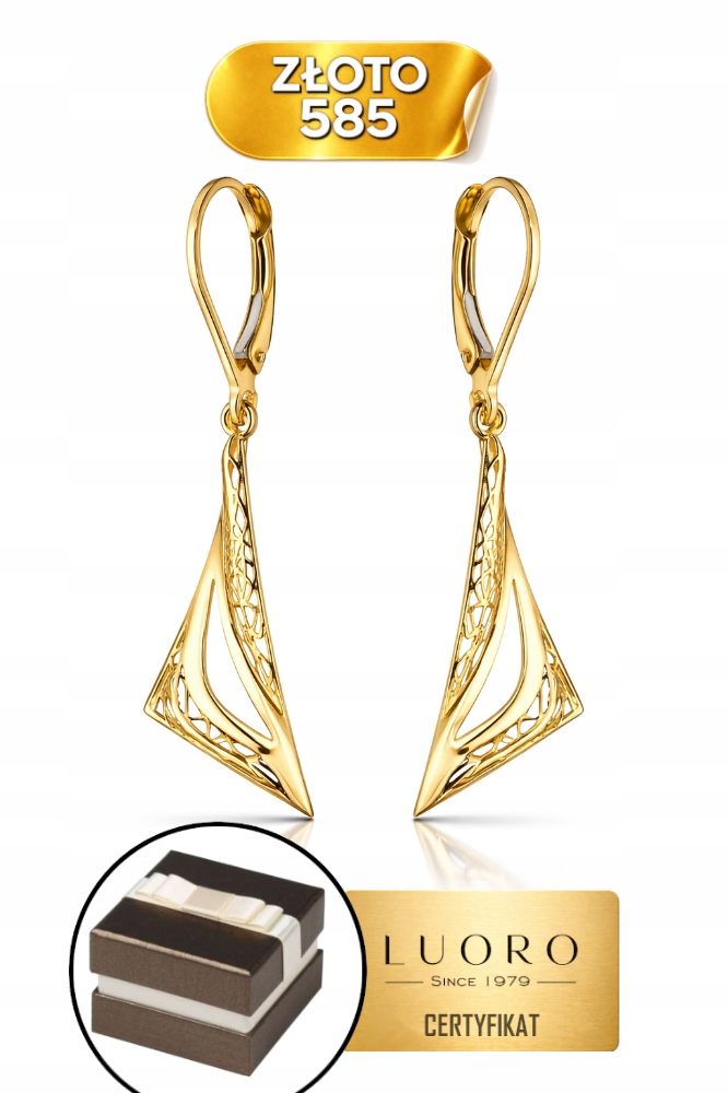 Náušnice Závěsné Zlaté 585 14K Trojúhelníky A Ažurové 3,5 CM Krabička Dárek