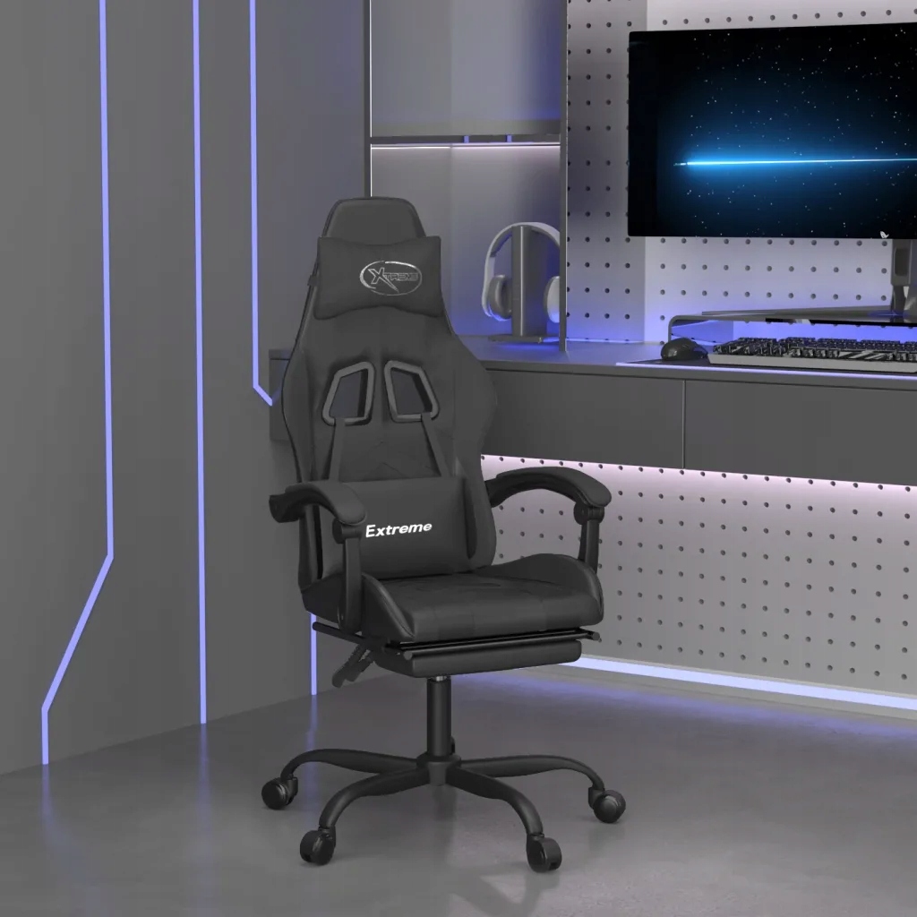 vidaXL Obrotowy fotel gamingowy z podnóżkiem, czarny, sztuczna skóra