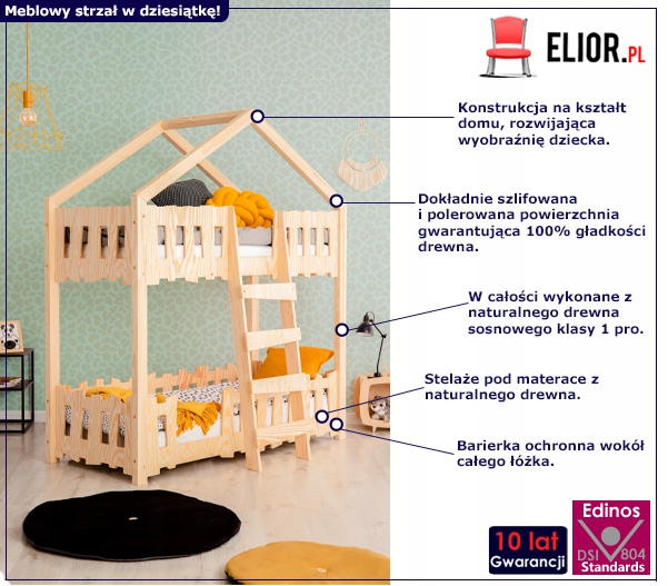 ŁÓŻKO PIĘTROWE DOMEK Z BARIERKAMI == DREWNIANE Kod producenta ZIPPO P